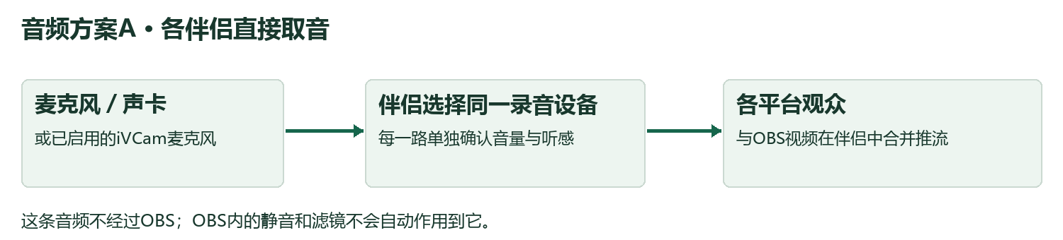 麦克风或声卡直接进入多个伴侣,OBS虚拟摄像头只提供视频